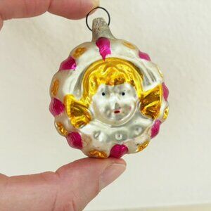 Vintage Cherub Angel Face Glass Figural Embossed Christmas Ornament Germany?